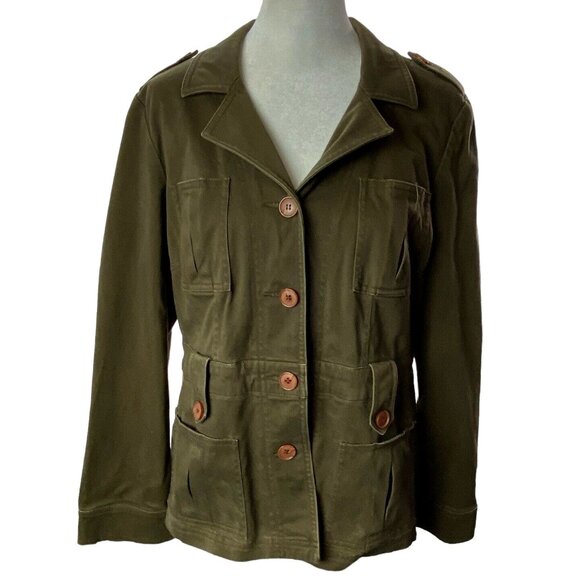 BLOOMINGDALES Women Denim Military Jacket Size 12P Brown Long Sleeve Army 80-3